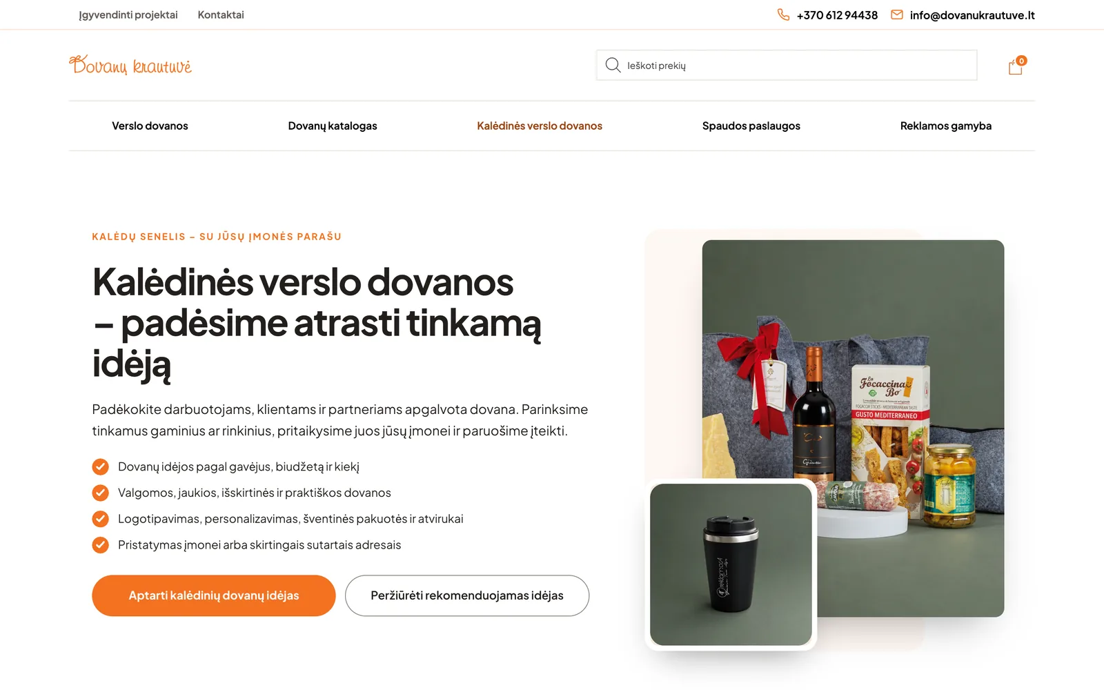 „Dovanukrautuve.lt“ kalėdinių verslo dovanų puslapis su dovanų rinkiniu