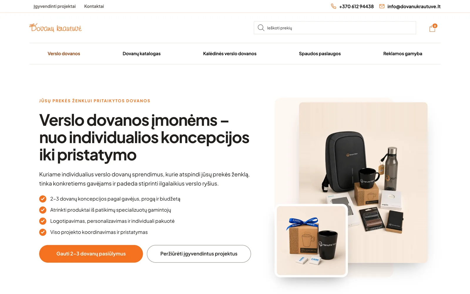 „Dovanukrautuve.lt“ verslo dovanų puslapis su paslaugos aprašymu ir dovanų rinkiniu