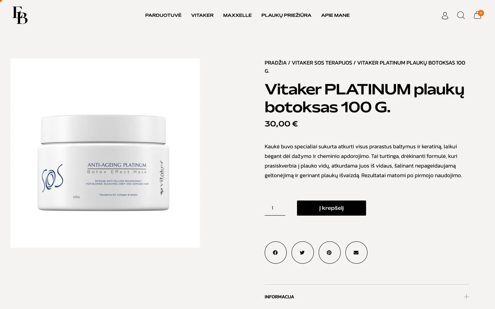 „Plaukuterapija.lt“ prekės kortelė: „Vitaker Platinum“ plaukų botoksas, kaina ir aprašymas