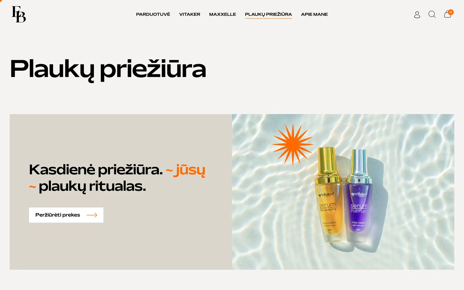 „Plaukuterapija.lt“ kategorijos „Plaukų priežiūra“ puslapis su kvietimu peržiūrėti prekes