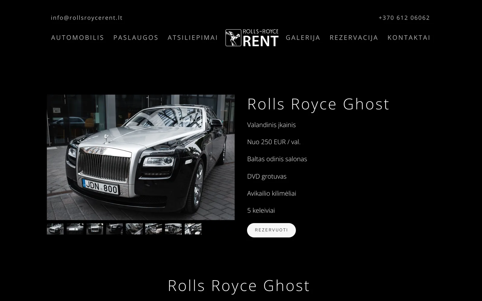 „Rolls-Royce Rent“ automobilio puslapis su nuomos sąlygomis