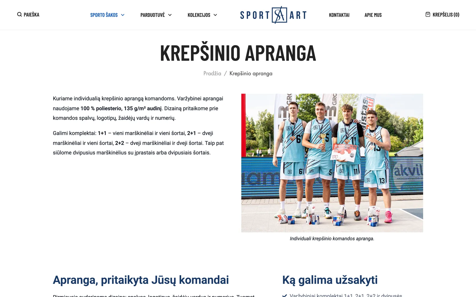 „Sportart.lt“ krepšinio aprangos puslapis: komplektų aprašymas ir komandos nuotrauka