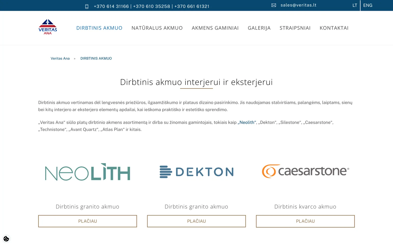 „Veritas.lt“ dirbtinio akmens puslapis su gamintojų ženklais