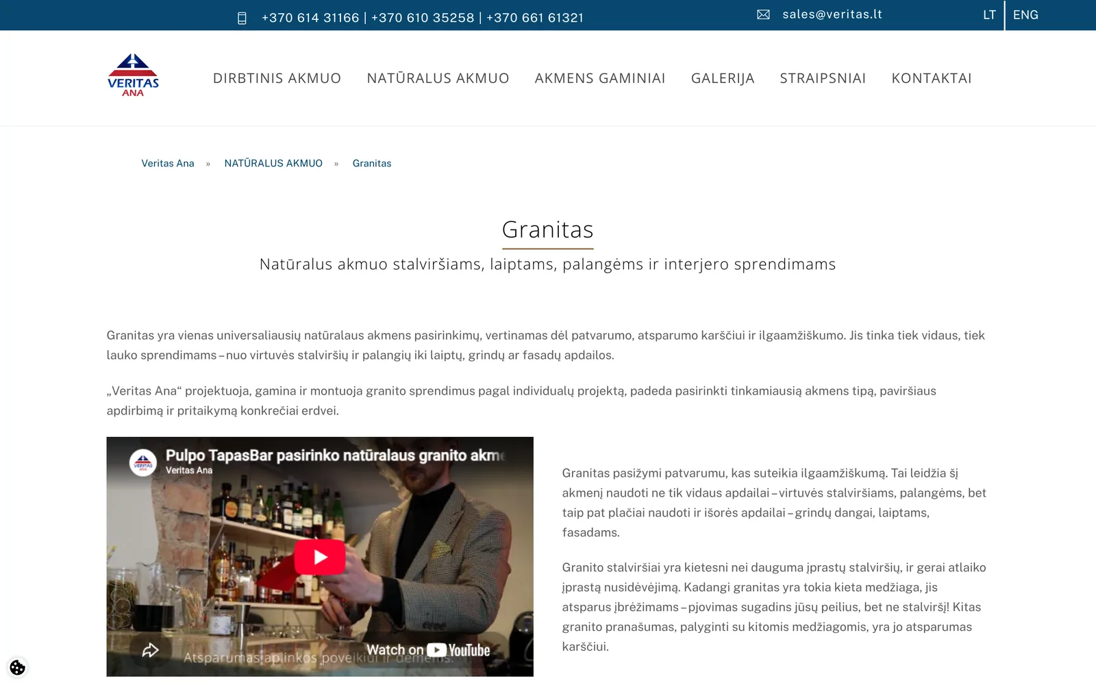 „Veritas.lt“ granito puslapis su aprašymu ir vaizdo įrašu