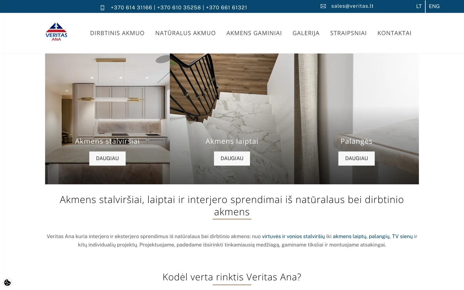 „Veritas.lt“ pradinis puslapis: akmens stalviršiai, laiptai ir palangės