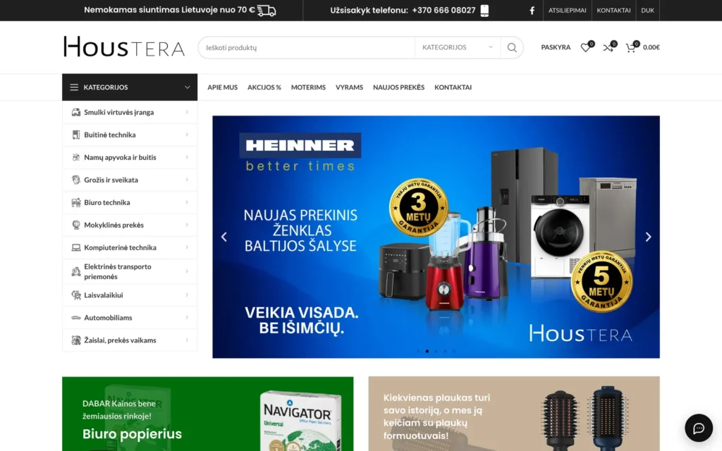 „Houstera.lt“ el. parduotuvės pradinis puslapis: prekių kategorijos ir akcijų reklamjuostės