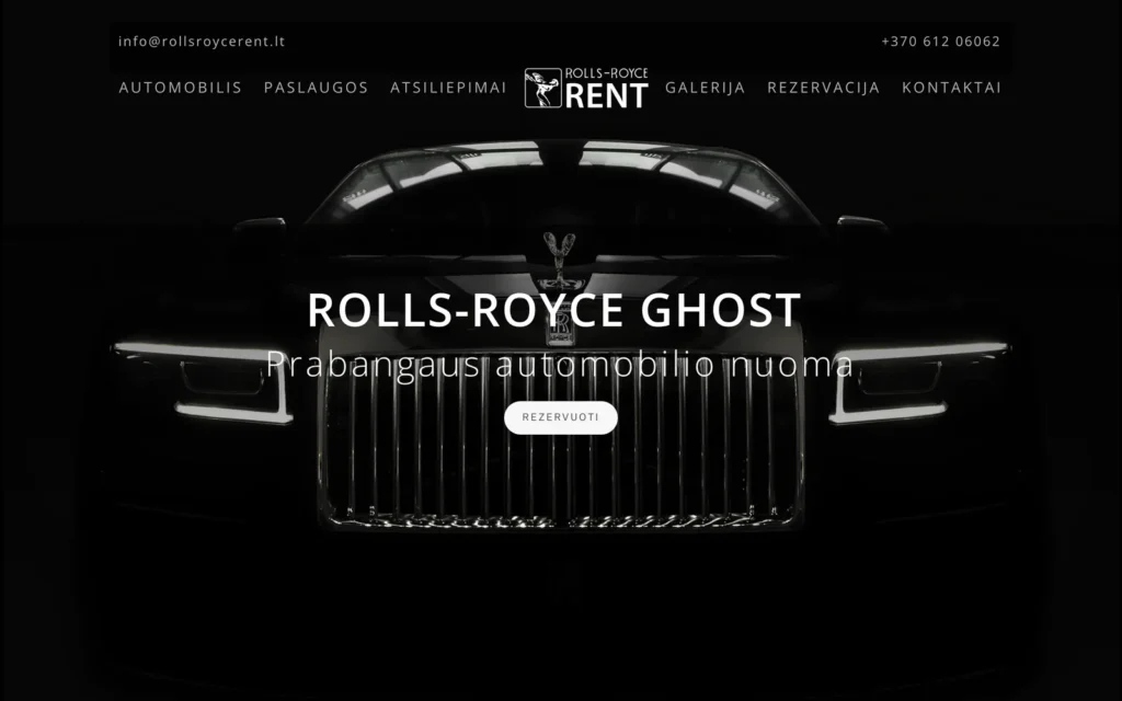 „Rolls-Royce Rent“ pradinis puslapis: „Rolls-Royce Ghost“ nuoma tamsiame fone
