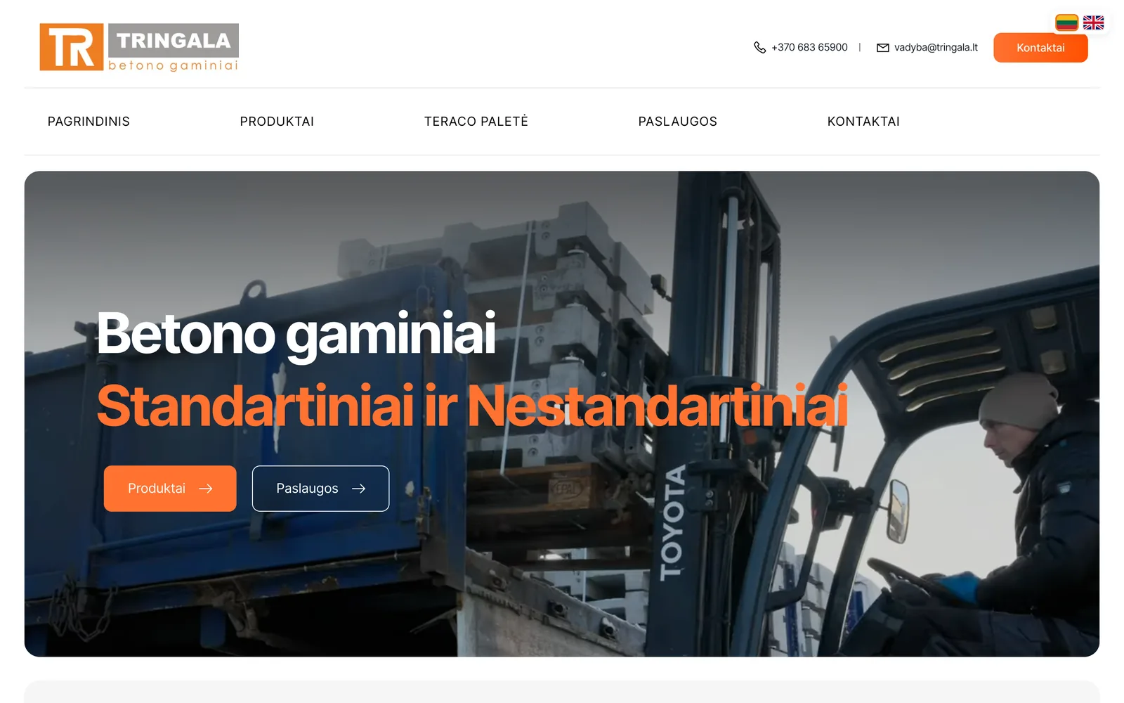 „Tringala.lt“ pradinis puslapis: betono gaminiai ir nuorodos į produktus bei paslaugas