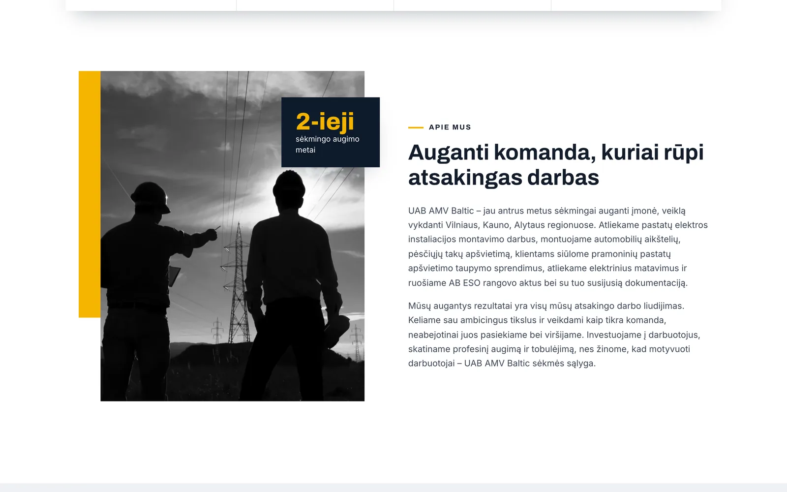 „AMVbaltic.lt“ skiltis „Apie mus“ su įmonės augimo metais ir komandos nuotrauka