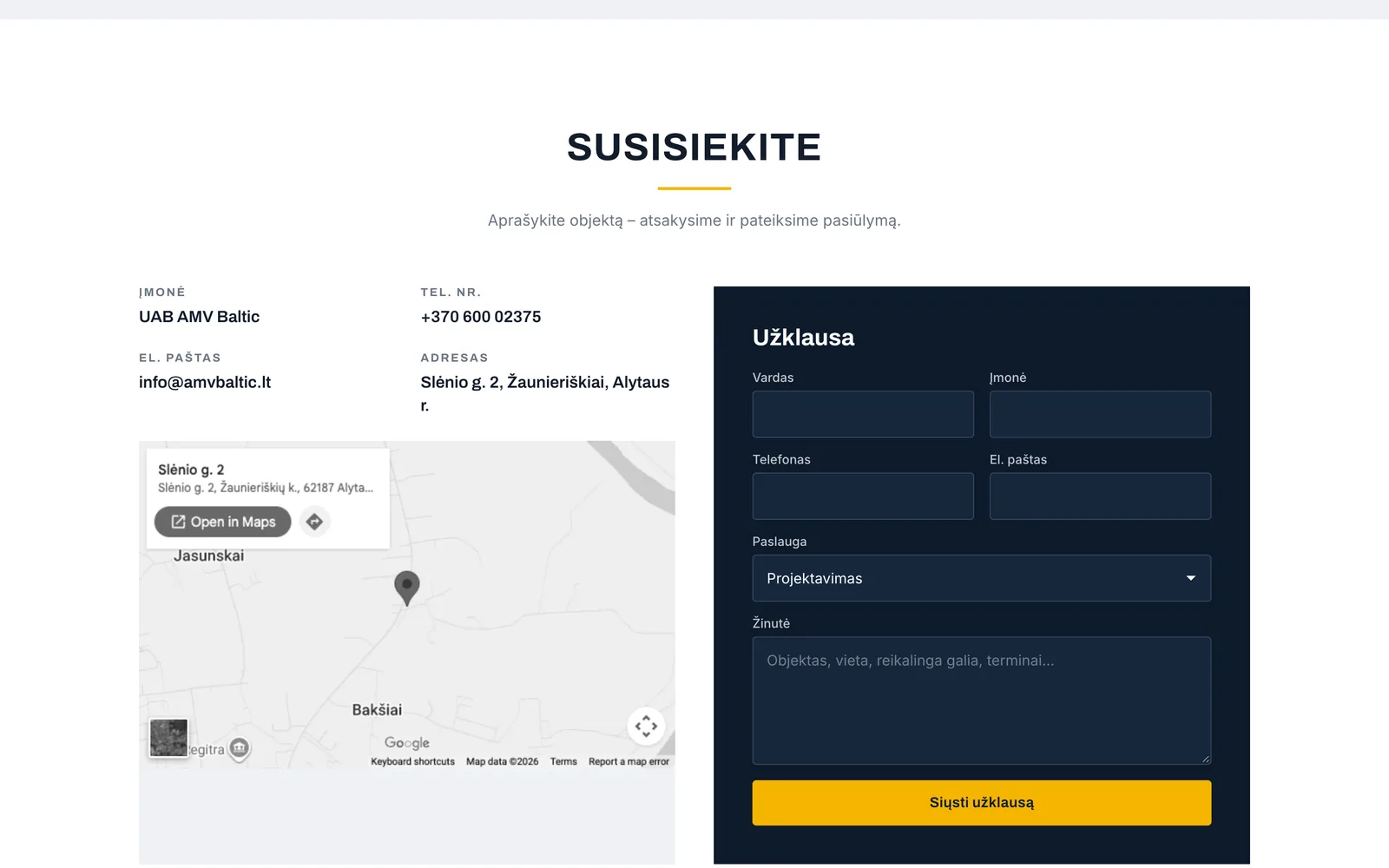 „AMVbaltic.lt“ kontaktų sekcija su žemėlapiu ir užklausos forma