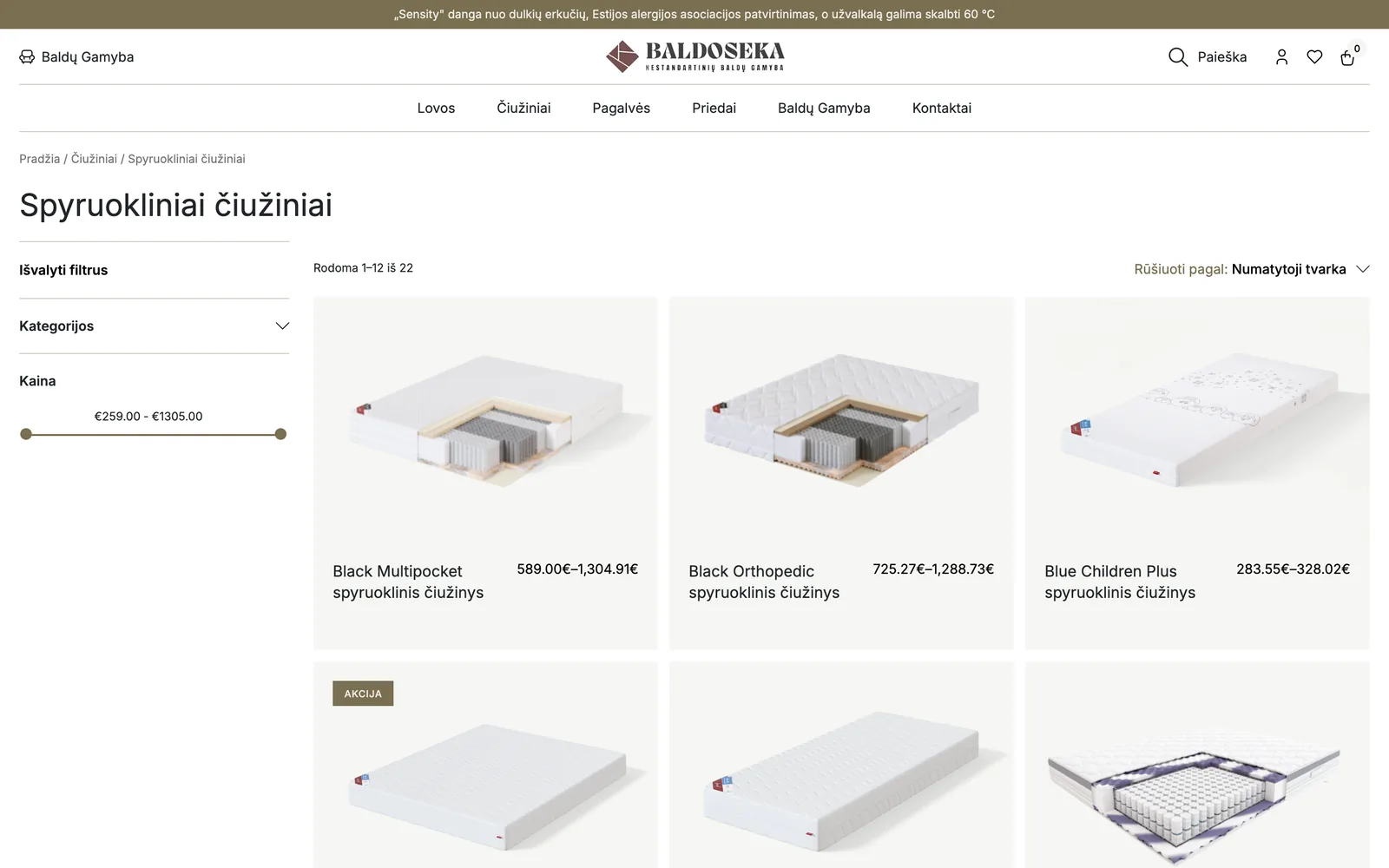 „Baldoseka.lt“ spyruoklinių čiužinių kategorija su vienodomis prekių vizualizacijomis