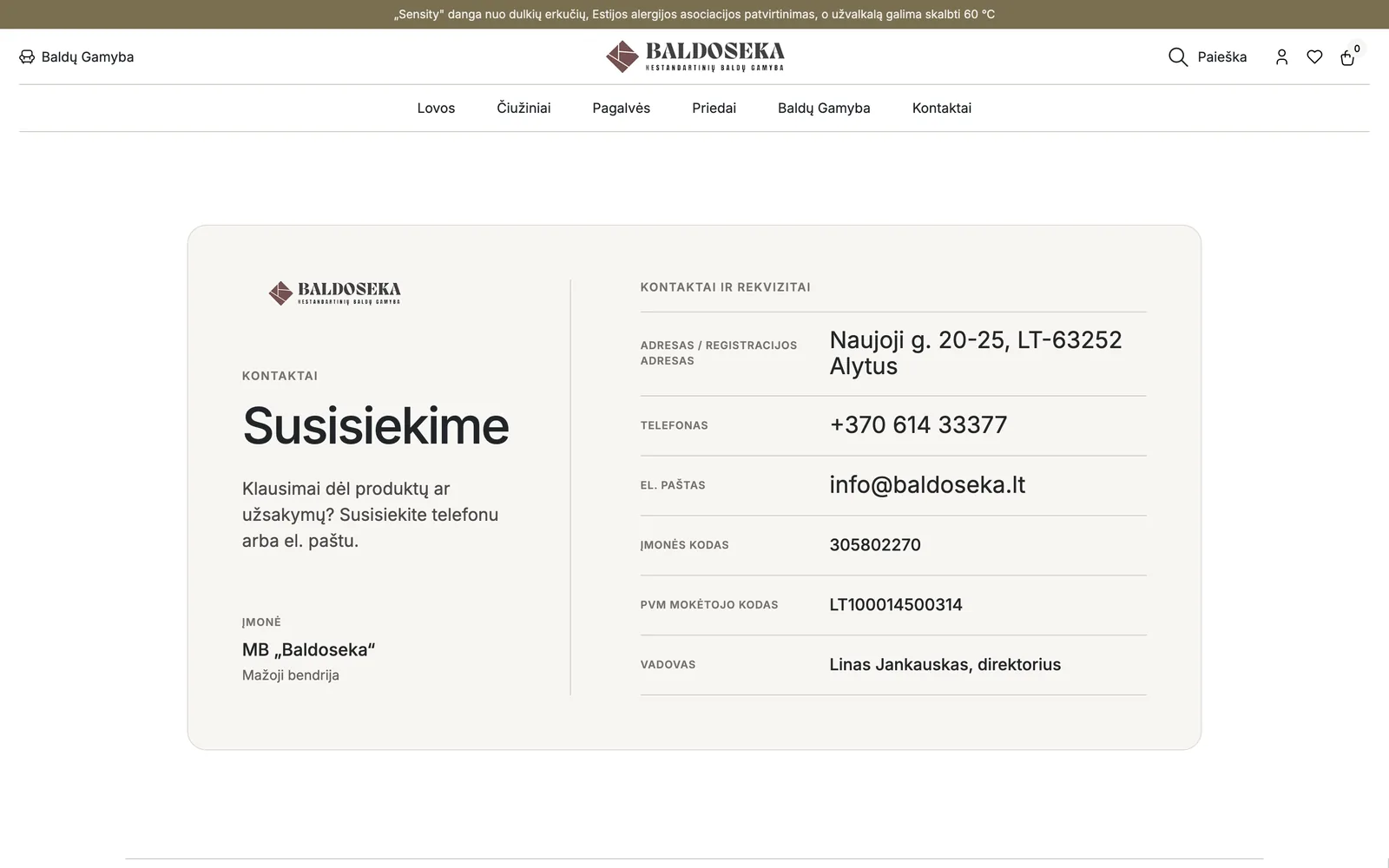 „Baldoseka.lt“ kontaktų puslapis su įmonės rekvizitais
