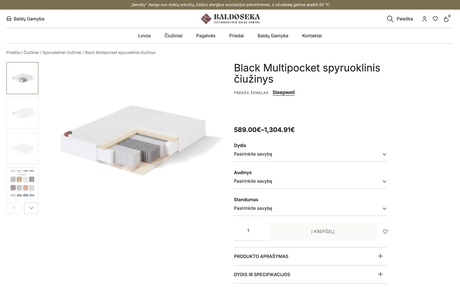 „Baldoseka.lt“ prekės kortelė: „Black Multipocket“ spyruoklinis čiužinys su dydžio ir audinio pasirinkimu