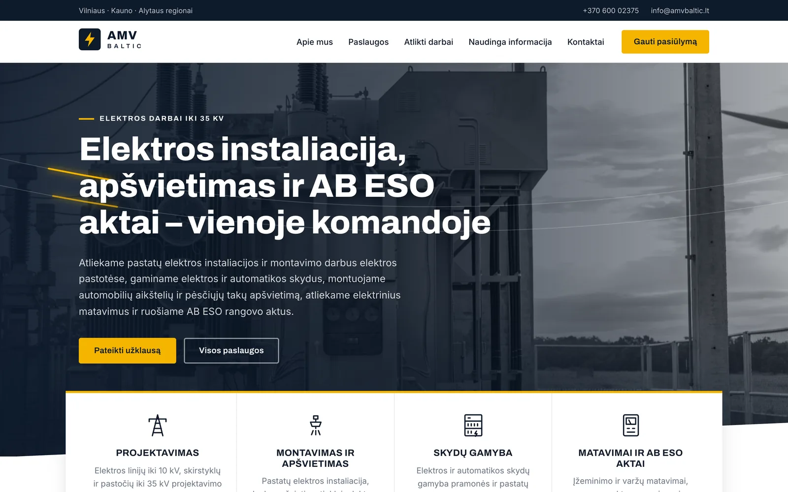 „AMVbaltic.lt“ pradinis puslapis: antraštė „Elektros instaliacija, apšvietimas ir AB ESO aktai – vienoje komandoje“